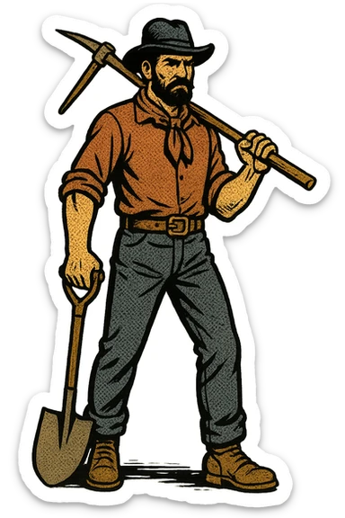 The full body of an American railroad worker from the 1860s in the American West holding tools and a shovel. sticker
