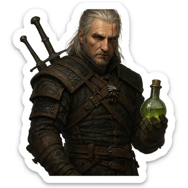Witcher character in the style of The Witcher series, holding a potion. sticker