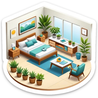 Icon for Interior Design: a modern room layout with furniture, plants, and decor items, with a color palette and design tools like a ruler and measuring tape. The icon should represent creativity, space planning, and aesthetic design. Transparent background. sticker