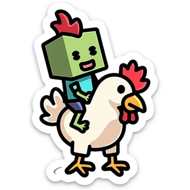 Minecraft chicken jockey - a small pixelated baby zombie riding on top of a white chicken, blocky style sticker