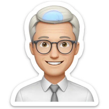 30 yr old pale white man, white/grey side swept stylish hair, round glasses, big smile, white teeth, handsome, longer hair, thin glasses, white dress shirt, smooth forehead, botox, no tie, open collar sticker