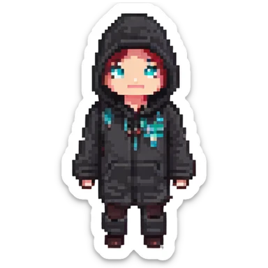 Extract and isolate the character in the black hooded outfit, preserving the original Minecraft pixel art style, colors, and transparent background. sticker