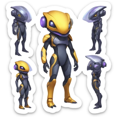 a Reptile-Genesect-Raptor-Fakémon with a futuristic visor-helmet and wearing a techwear-suit Full Body sticker