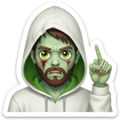 zombie pointing finger, undercut hairstyle with dark brown hair, short full beard, heterochromia with one green eye and one brown eye, wearing plain white hoodie with hood up sticker