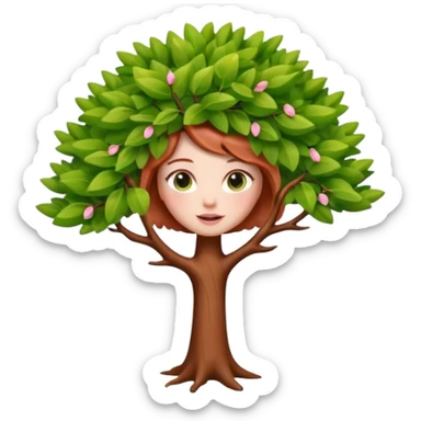 Style memoji iphone. Un petit sapin vert sylvestre, féminin, regard malicieux, tâches de rousseurs délicates, joues roses. Yeux de biche brillants en forme amande, yeux couleur ambre, tronc couleur acajou. Sapin en mouvement, incurvé pour un effet vivant. sticker