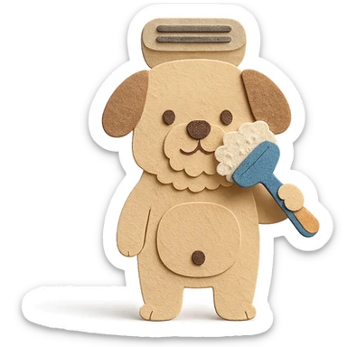 cute dog-shaped electric shaver, brushing its fuzzy face, creamy beige, full-body sticker
