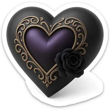 3D black style gothic heart, deep purple satin, silver filigree, black rose accent, elegant and moody sticker