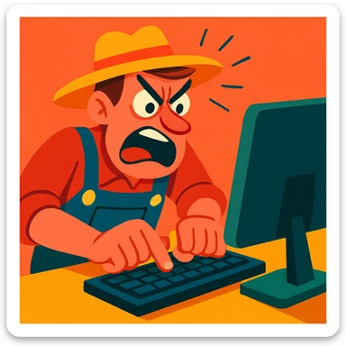 A farmer in overalls, angrily typing on a computer, exaggerated expression, in a vibrant style sticker