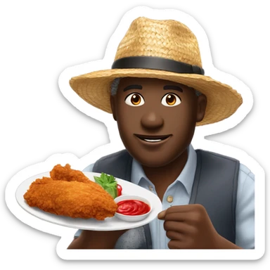Black man wearing a straw hat while eating spicy fried chicken ￼ sticker