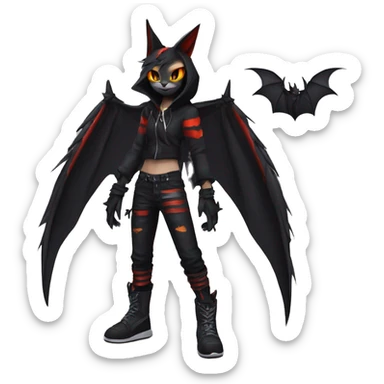 Cool Anthro Black Bat-Nargacuga-Litten-cat-Pokémon with edgy stripes hoodie spiked collar punk techwear Full Body sticker