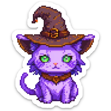 purple witch cat with a hat pixel art sticker