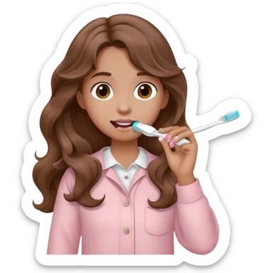 A girl with long brown wavy hair in pale pink clothes brushes her teeth sticker