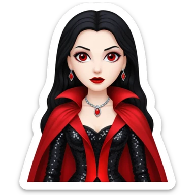 Countess Dracula from Universal Monsters with long jet black hair, black and red sequin outfit  sticker