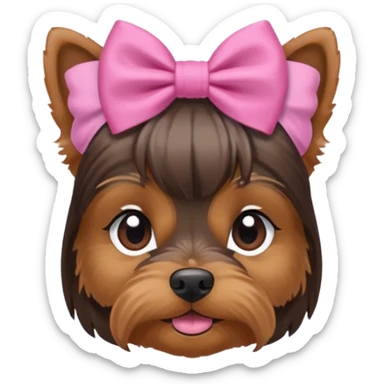 a little dar brown Yorkshire Terrier face with a ponytail on head tied with a bow. sticker
