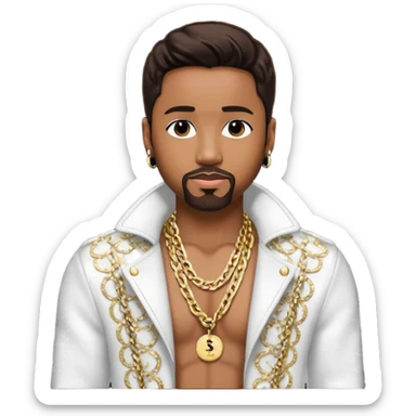 Teddy Riley with dark brown hair, white sequin jacket, shirtless with necklace sticker