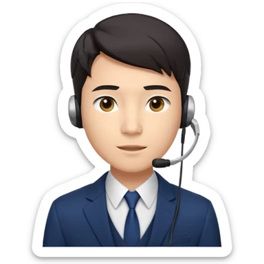 A young Asian man with smooth light skin, dark hair that swoops upward in the front, expressive eyes, a clean-shaven face, and a call-center style headset over one ear, usually paired with a crisp shirt and suit jacket visible from the chest up. sticker