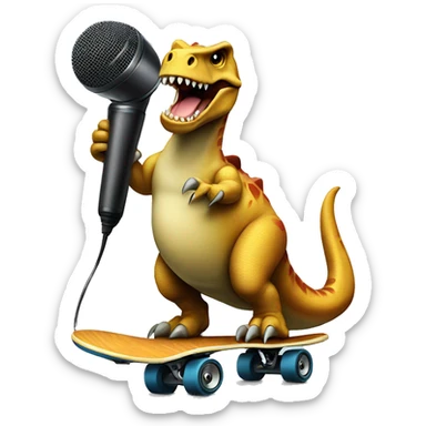 dinosaur on a skateboard holding a microphone and speaker  sticker
