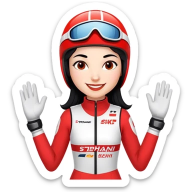 Ski racer woman red white dress with the name Stephanie on the dress black hair smile sticker