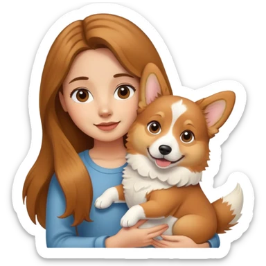 Brown long-haired girl holding a corgi dog sticker