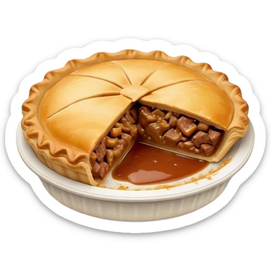 Cinematic Realistic Meat Pie Dish Emoji, showcasing a flaky pastry filled with rich, hearty meat gravy, rendered with lifelike detail and warm, inviting lighting. sticker