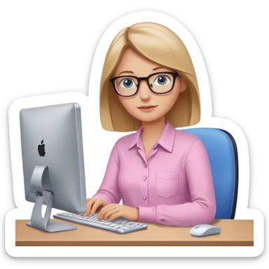 redattrice editoriale. Bionda, capelli lisci biondo scuro, lunghezza media. Occhi blu con occhiali. è al pc a lavorare. Indossa una camicia rosa chiaro sticker