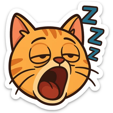 sleepy cat emoji, cartoon style, exaggerated yawn, droopy eyelids, bright colors, playful look sticker