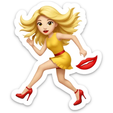 circular yellow traditional iOS emoji face, running to the left, with long fake lashes, big red lips, long hair, hovering feet in heels, neutral masculine style, not feminine or womanly sticker