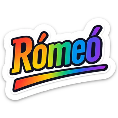 The name 'Rómeó' in a modern font with smooth gradient coloring, precise Hungarian characters, dark outline, extra thick and prominent white letter border, dynamic slanted underline, rainbow gradient color scheme, 1000x1000 px, PNG, transparent background. sticker
