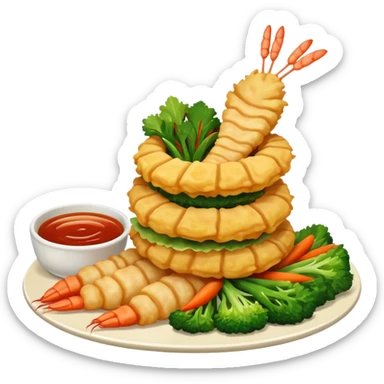 tempura shrimp and vegetables stacked, extra crispy, cinematic lighting sticker