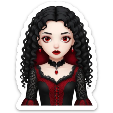 A girl with a red goth vampire look in a black and red goth lace dress with long sleeves and long black curly hair  sticker