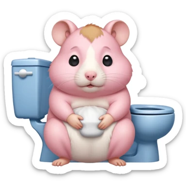 Cute chubby cartoon-style hamster sitting on toilet pooping looking as if he had an accident sticker