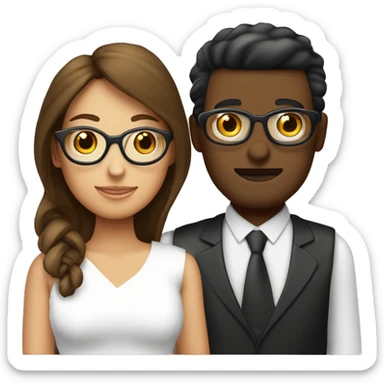 Crea una pareja que la mujer sea de un tono de piel morena que tenga cabello oscuro y que no tenga gafas luego a su novio créalo un hombre de tono de piel blanco y su tono de cabello rubio y en su cara con gafas sticker