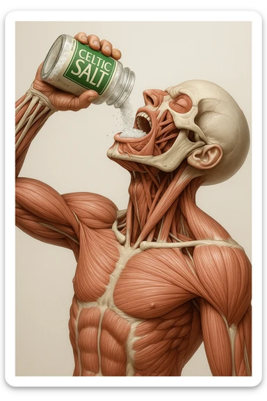 Create a vertical hyperrealistic 4K medical illustration exactly matching the style and composition of the reference image. The subject is an anatomically accurate human body holding a jar labeled 'CELTIC SALT', pouring salt into his mouth. The background should be neutral and clear. The image must be extremely detailed, vertical format, with the same pose and lighting as the reference. sticker