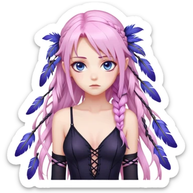 Gorgeous beautiful pretty grumpy anime lady long-pale-pastel-pink-hair with one braid on each side, hanging purple feathers with pink tips in hair, black bodysuit, blue eyes, pink iris, ethereal, fashion aesthetic  sticker