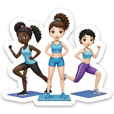3 women exercising. The woman on the left has pale white skin and curly brown hair in a ponytail. The woman in the middle has black skin and curly black hair. The woman on the right has pale white skin and straight, brown hair in a ponytail. sticker
