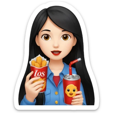 girl with long black hair eating with mouth on the chicken nugget and holding a soda can sticker