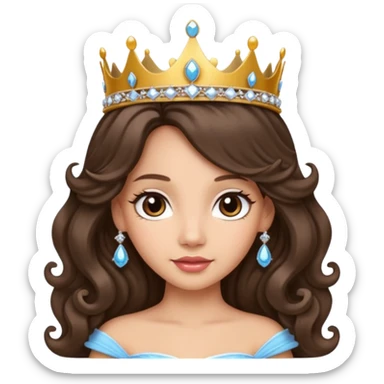 Princess with long glam curled hair, dark brown eyes, light skin tone.  sticker