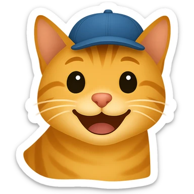 Change the cat's face expression to happy, keep the blue cap, and set the background to transparent. The style should resemble emoji style with simple and clear features. sticker