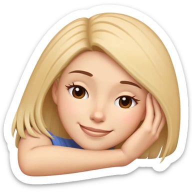 Exhausted but smiling woman with head resting on palm sticker