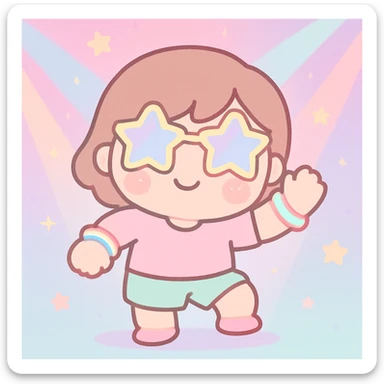 kawaii style dancing character with star shaped sunglasses glow bracelets cheerful expression in rave setting sticker