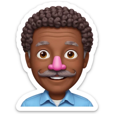 old guy with very curly short dark hair and big  pink mustache sticker