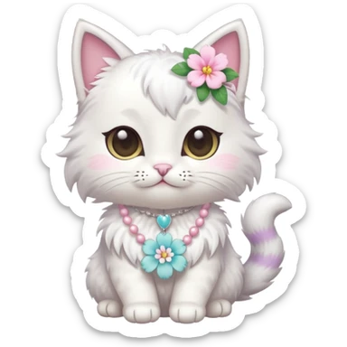 A cute chibi cat with hawaiian pastel flower necklace, posing proudly. sticker