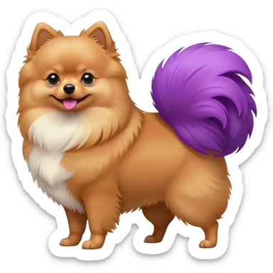 Tan Pomeranian dog standing with a purple and red tail with both purple and red in the tail sticker