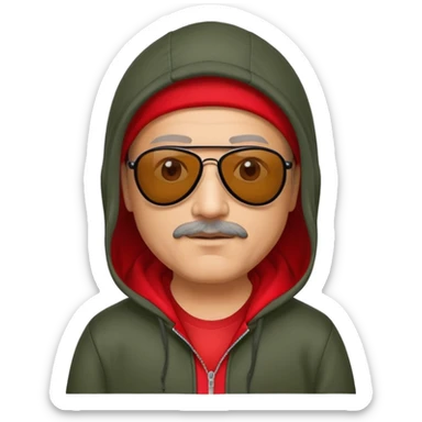50-year-old man with slight stubble on upper lip, black aviator sunglasses, wearing a red hoodie with hood up sticker