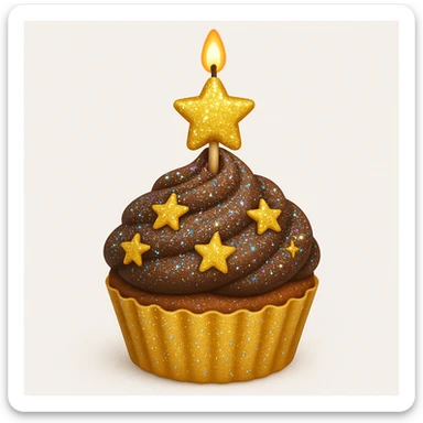 Add edible glitter and a star-shaped candle to the cupcake with brown (chocolate) frosting and gold stars in emoji style. sticker