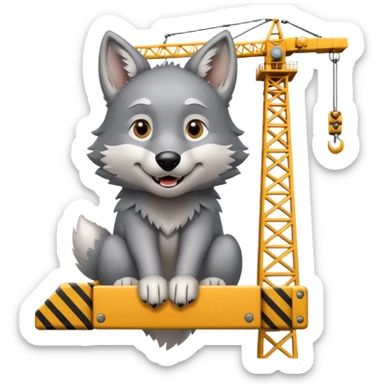  a joyful gray wolf sits on a tower crane and controls it with his paws sticker
