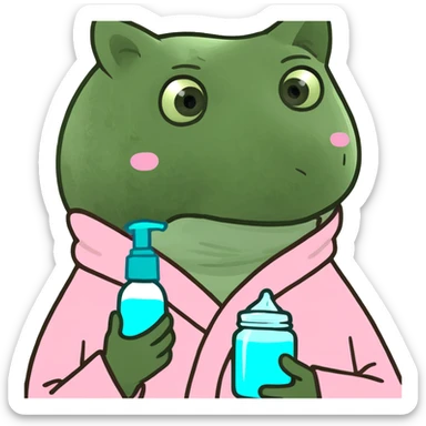 Mixed-race woman with caramel skin, black curly hair, wearing a pastel pink bathrobe, holding a skincare jar sticker