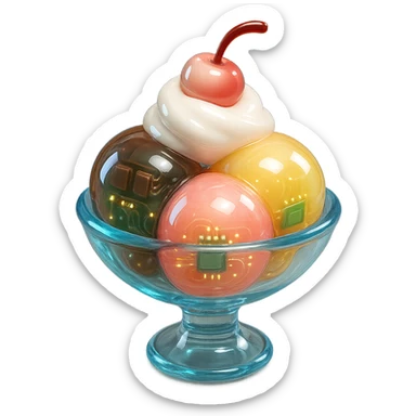 3D glossy ice cream sundae in glass dish with scoops of vanilla, chocolate, and strawberry ice cream, whipped cream, cherry on top, shiny highlights sticker
