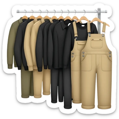 Open wardrobe filled with practical work clothes - black shirts, overalls, khaki pants, and sweaters sticker
