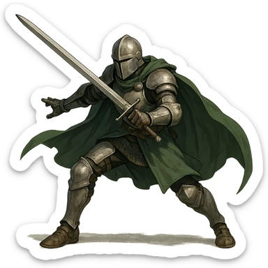 warrior in silver armor and green cape, holding a sword, dynamic stance sticker